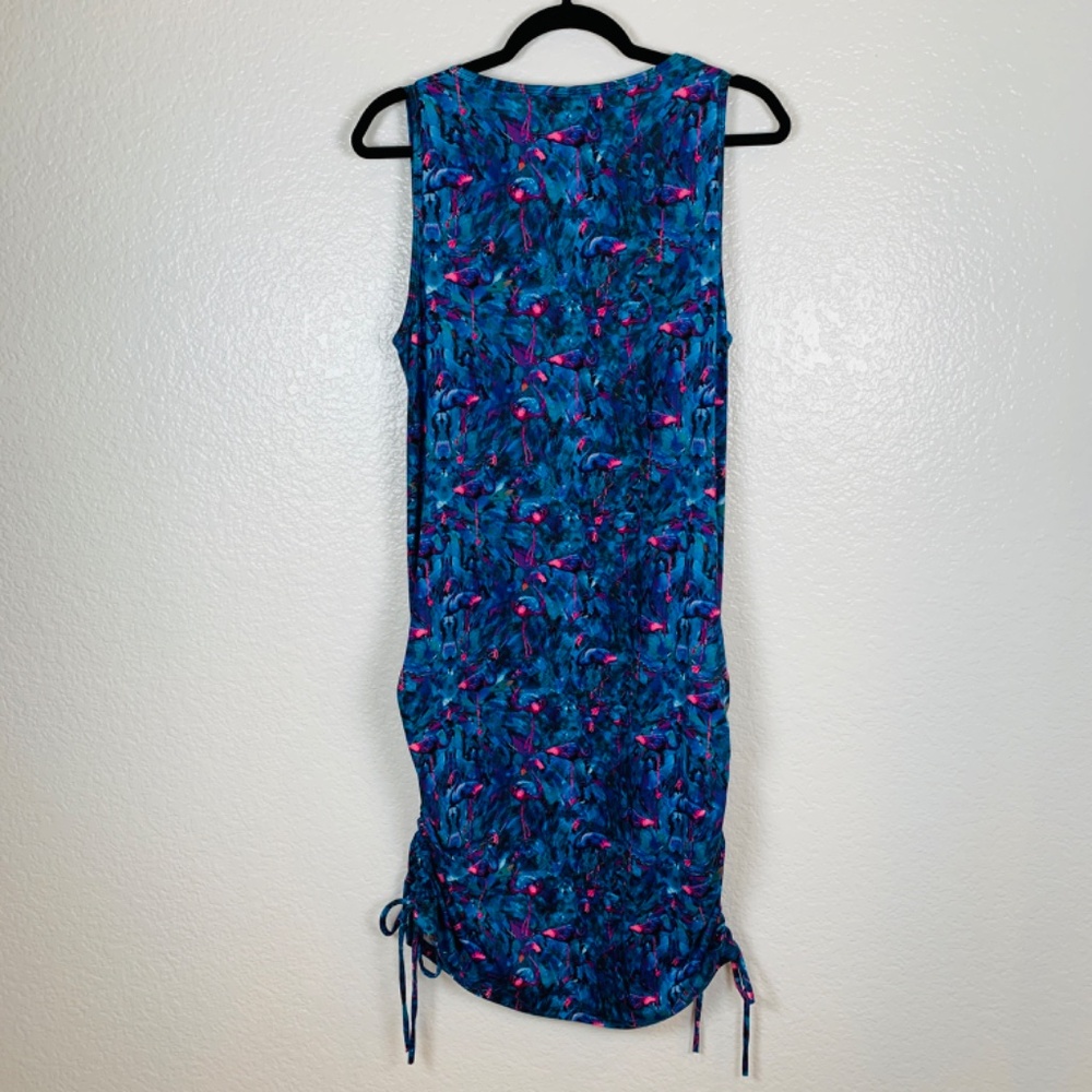 CVG Blue Flamingo Print Dress Womens M/L Ruched Sides Athletic Beachy Resort - Picture 9 of 13